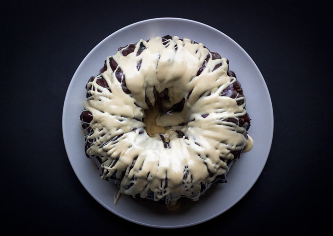 Top view of Irish Car Bomb Bundt Cake with White Chocolate Ganache